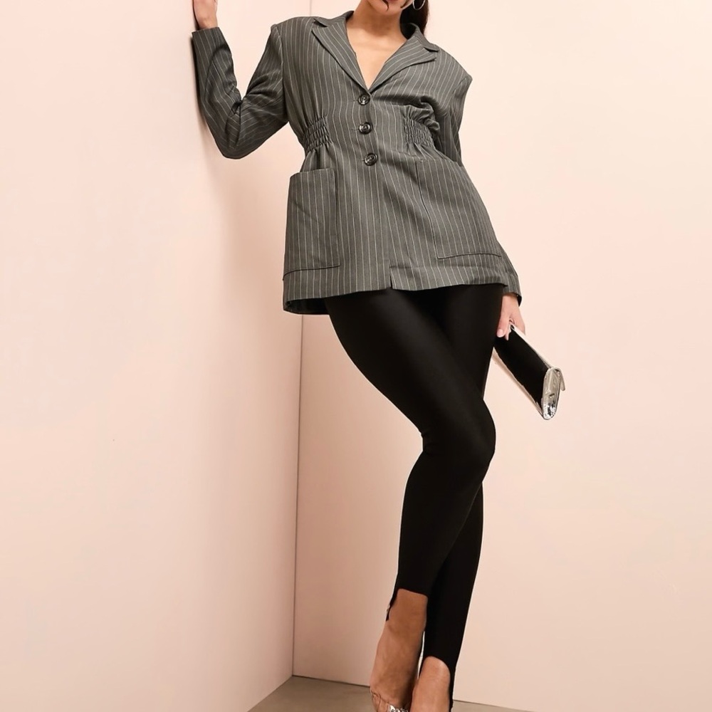 NWT ASOS LUXE ruched waist tailored blazer in gray stripe, size 12